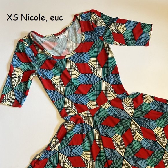 LuLaRoe Dresses & Skirts - XS Lularoe Nicole dress, red, blue, green, white patches